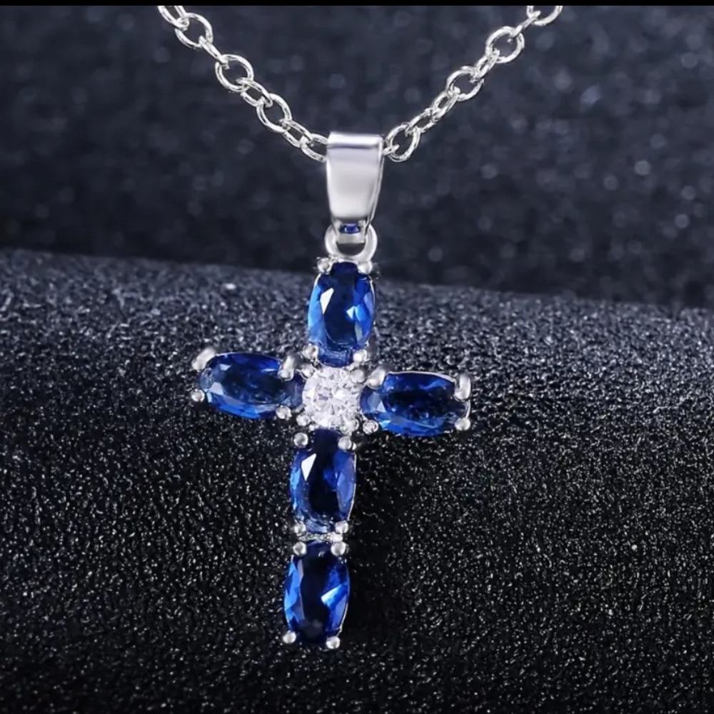 Blue & Silver Cross Pendant Necklace - Picture 4 of 9